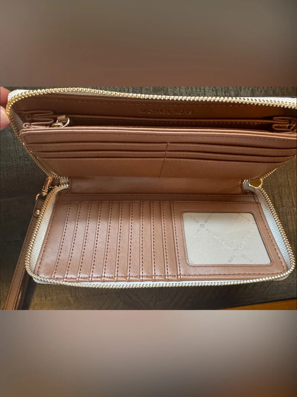 Michael Kors Cream Logo Print Wristlet with Tan Strap